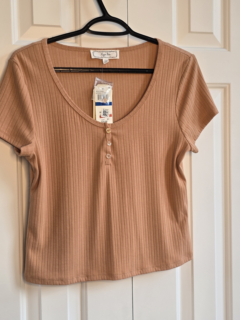 Hippie Rose Ribbed Short-Sleeve Henley Top in Warm Tan